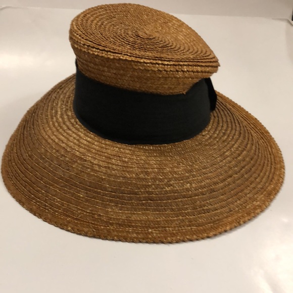 Eric Javitz woven hat light brown structure large brim w black ribbon Excellent - Picture 4 of 9